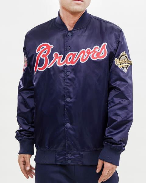 MLB ATLANTA BRAVES BIG LOGO WORLD SERIES MEN'S SATIN JACKET (MIDNIGHT NAVY)