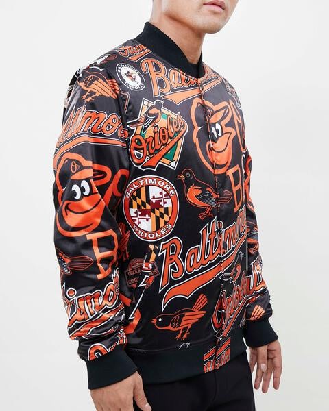 MLB BALTIMORE ORIOLES AOP MEN'S SATIN JACKET (BLACK)