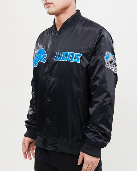 NFL DETROIT LIONS CHEST HIT MEN'SLOGO SATIN JACKET (BLACK)