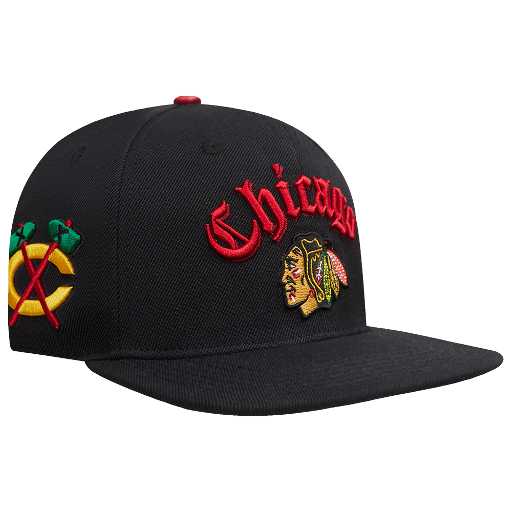 NHL CHICAGO BLACKHAWKS OLD ENGLISH UNISEX 6 PANEL SNAPBACK HAT (BLACK)