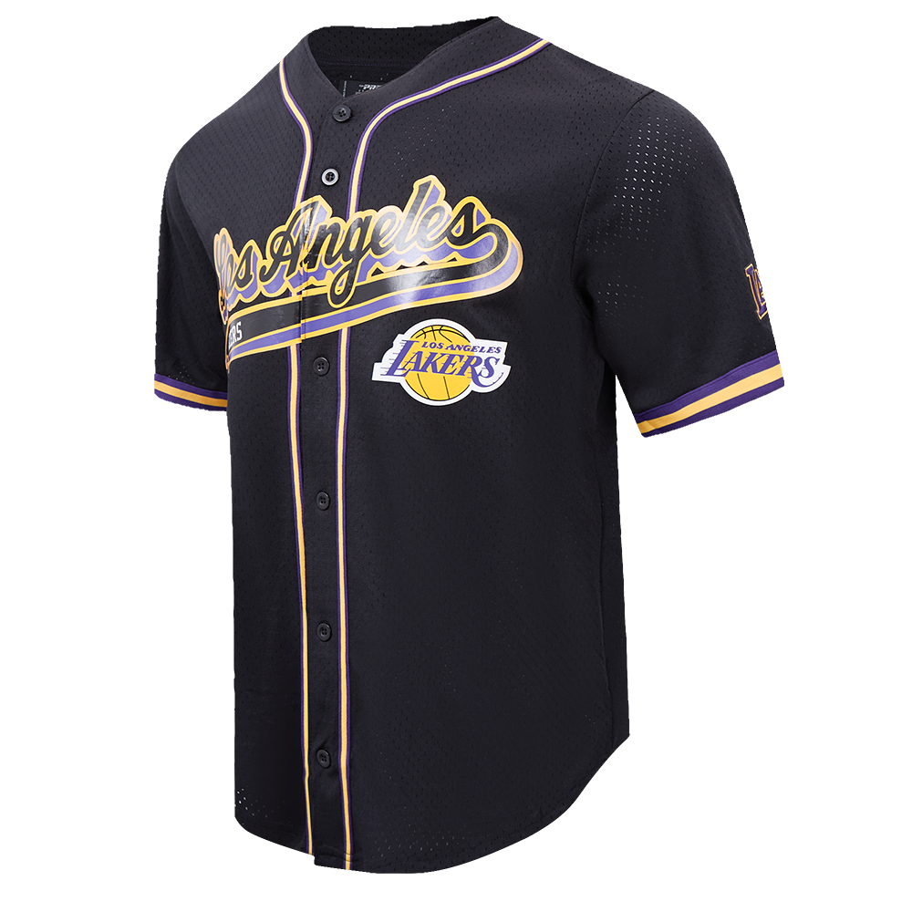NBA LOS ANGELES LAKERS SCRIPT TAIL MEN'S MESH BUTTON DOWN SHIRT (BLACK/PURPLE)