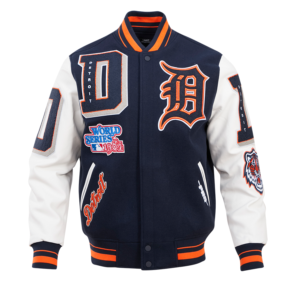 MLB DETROIT TIGERS MASH UP BLOUSON COLLÉGIAL EN LAINE À BORDS CÔTELÉS POUR HOMME (MARINE MINUIT/ORANGE/MARINE MINUIT)