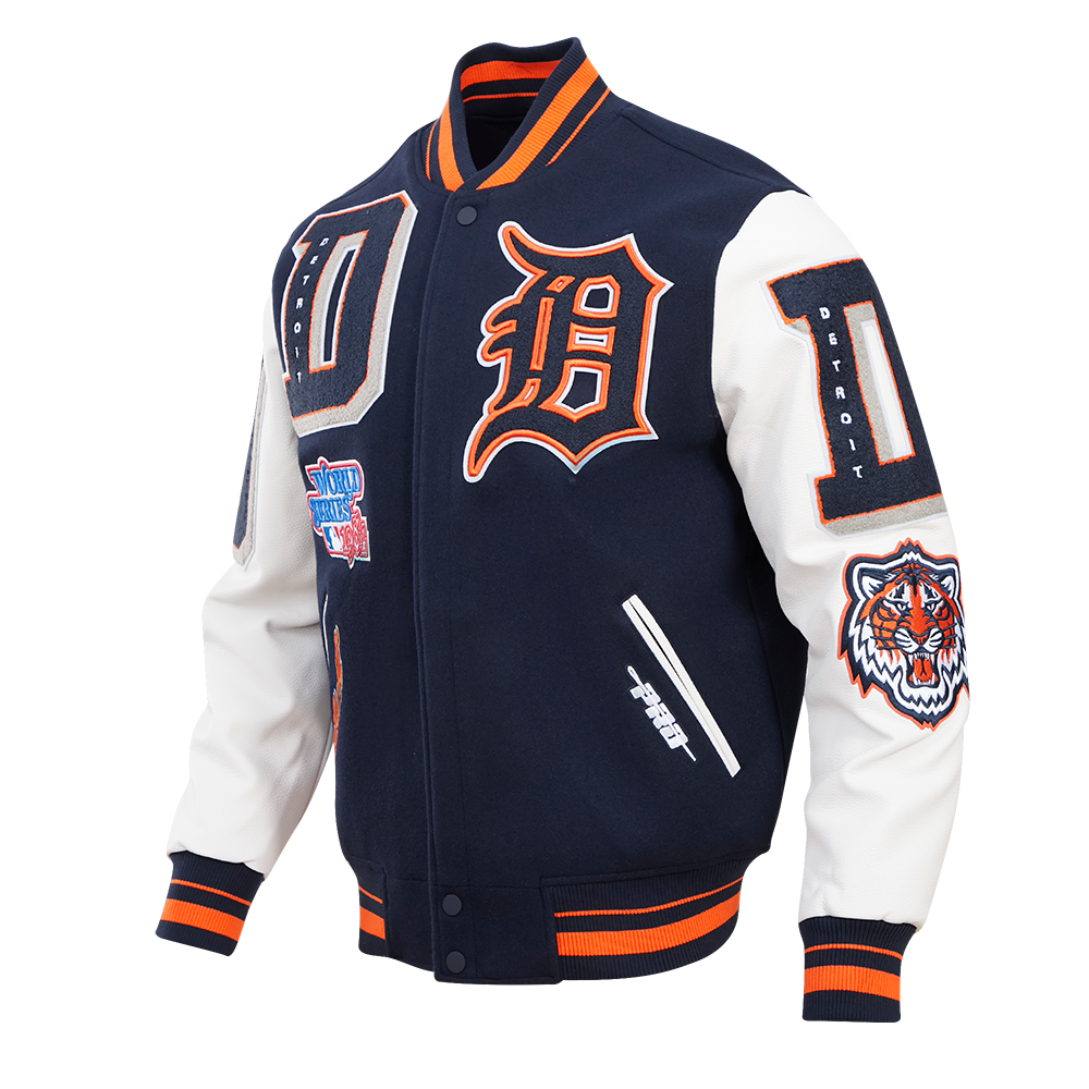 MLB DETROIT TIGERS MASH UP BLOUSON COLLÉGIAL EN LAINE À BORDS CÔTELÉS POUR HOMME (MARINE MINUIT/ORANGE/MARINE MINUIT)