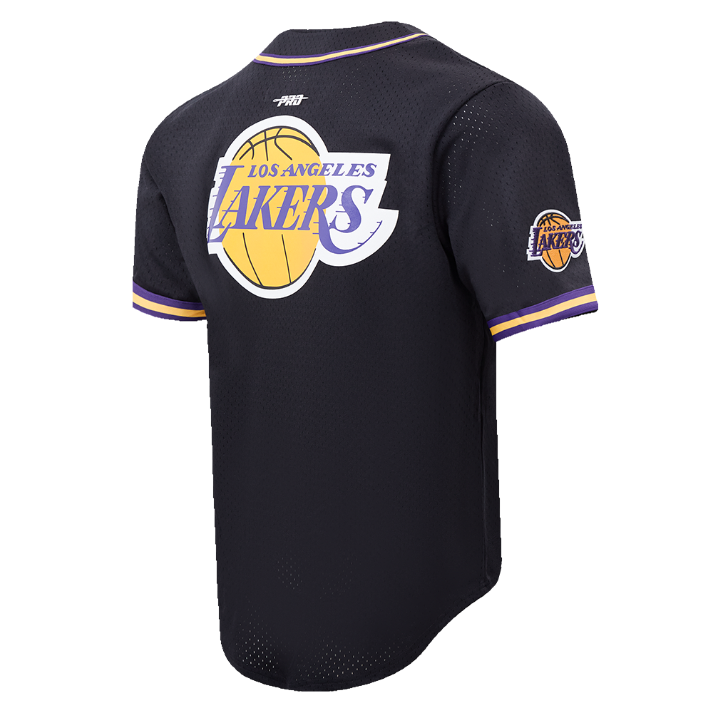 NBA LOS ANGELES LAKERS SCRIPT TAIL MEN'S MESH BUTTON DOWN SHIRT (BLACK/PURPLE)