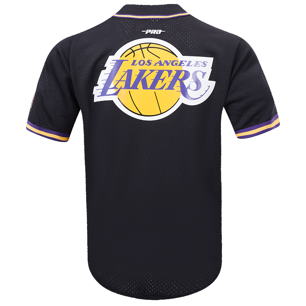 NBA LOS ANGELES LAKERS SCRIPT TAIL MEN'S MESH BUTTON DOWN SHIRT (BLACK/PURPLE)