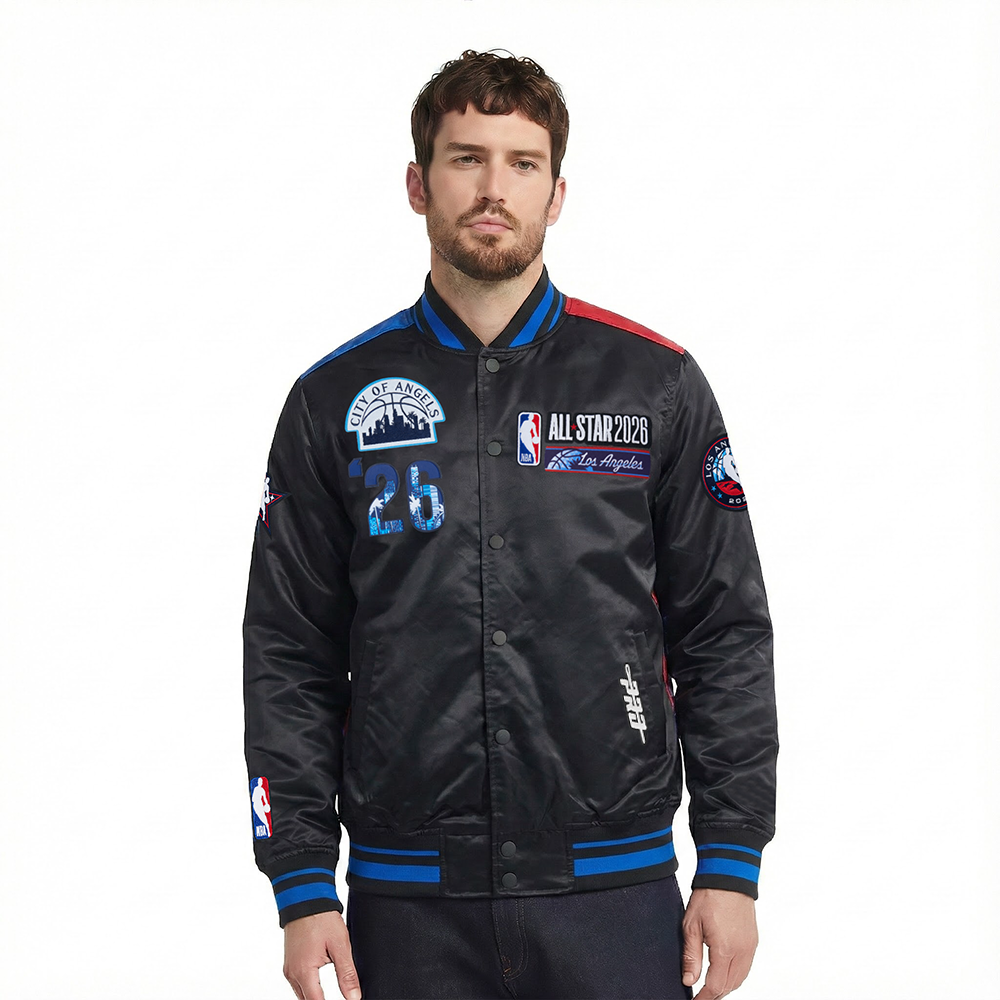 NBA ALL STAR 2026 MEN'S SUBLIMATED SATIN JACKET (BLACK/ROYAL BLUE/BLACK)