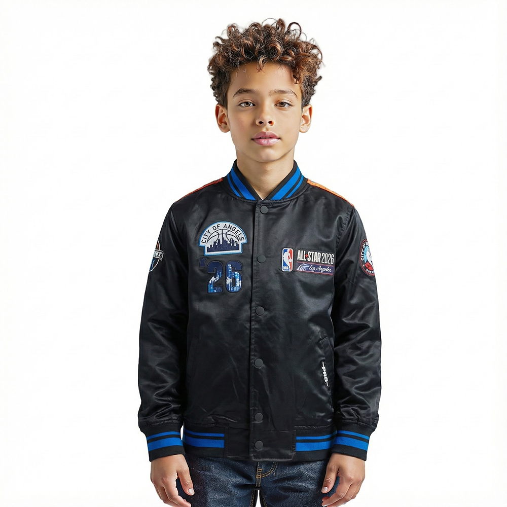 NBA ALL STAR 2026 BIG BOY'S SUBLIMATED SATIN JACKET (BLACK/ROYAL BLUE/BLACK)