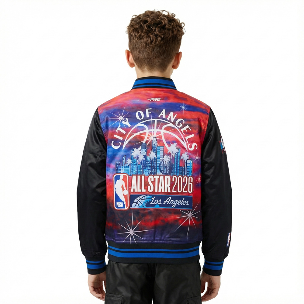 NBA ALL STAR 2026 BIG BOY'S SUBLIMATED SATIN JACKET (BLACK/ROYAL BLUE/BLACK)