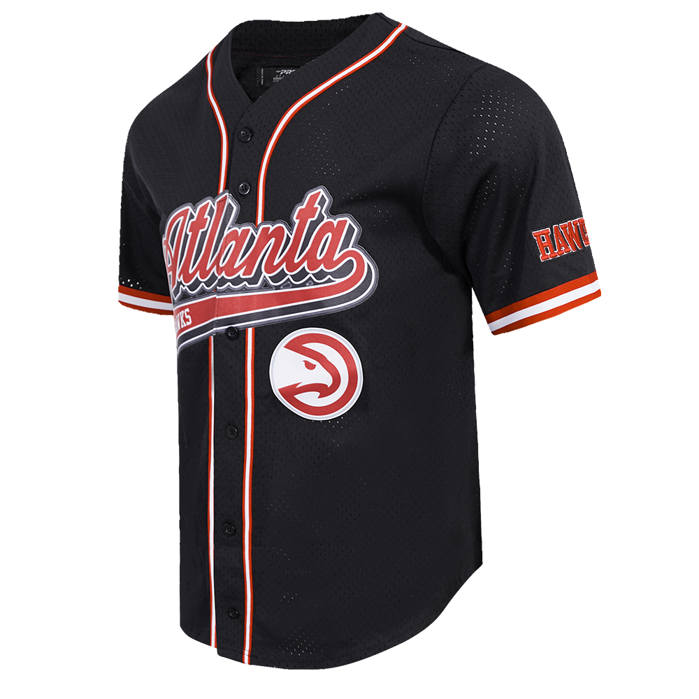 NBA ATLANTA HAWKS SCRIPT TAIL MEN'S MESH BUTTON DOWN SHIRT (BLACK/RED)