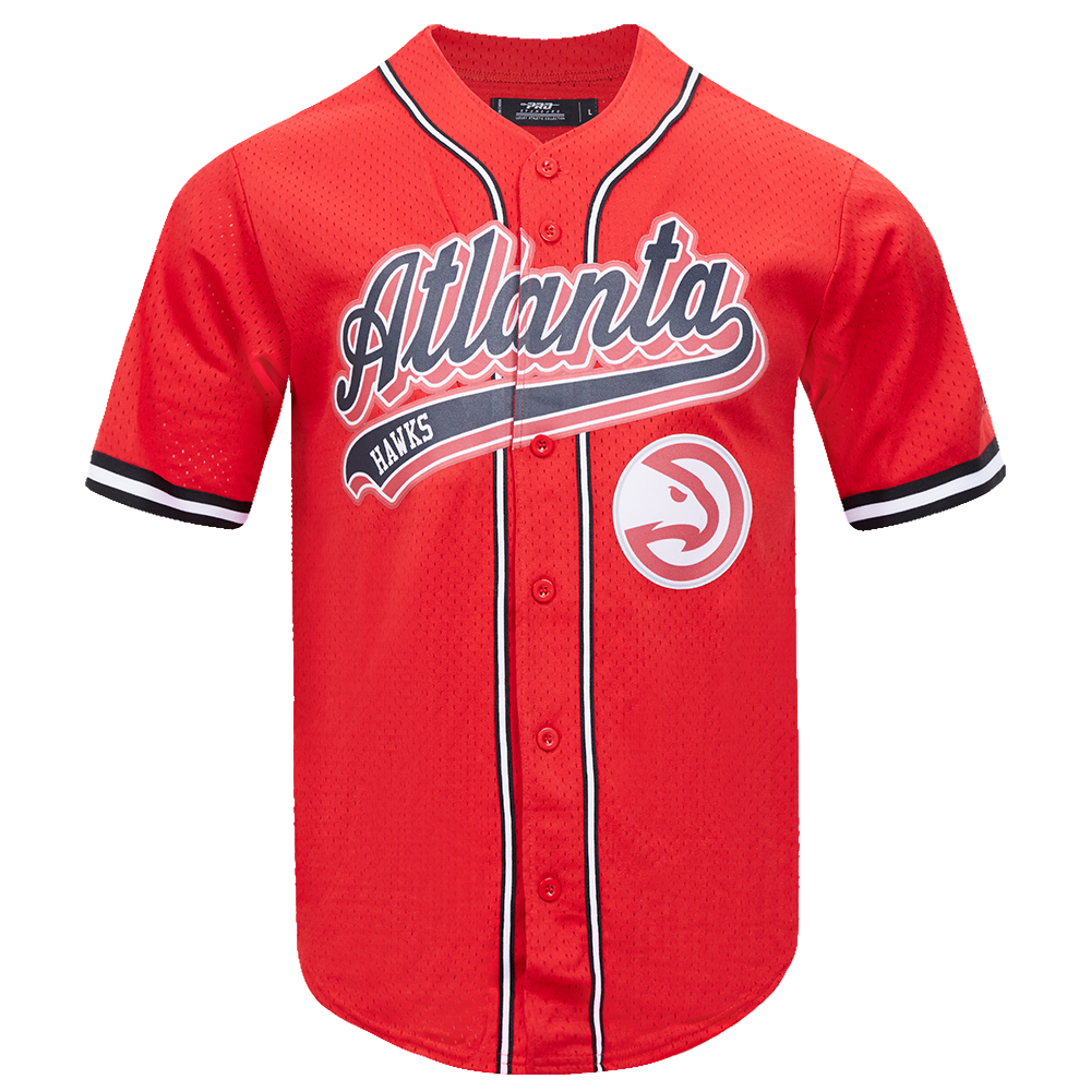 NBA ATLANTA HAWKS SCRIPT TAIL CHEMISE BOUTONNÉE EN FILET POUR HOMME (ROUGE/NOIR)
