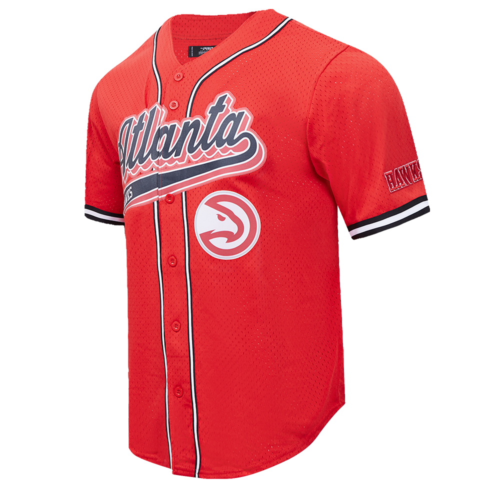NBA ATLANTA HAWKS SCRIPT TAIL CHEMISE BOUTONNÉE EN FILET POUR HOMME (ROUGE/NOIR)