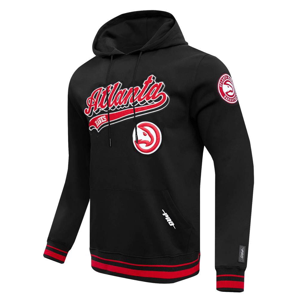 NBA ATLANTA HAWKS SCRIPT TAIL MEN'S RIB FLEECE PULLOVER HOODIE (BLACK/RED/BLACK)