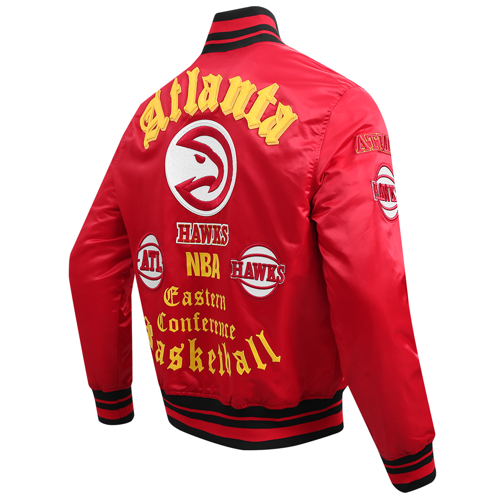 NBA ATLANTA HAWKS OLD ENGLISH MEN'S RIB SATIN JACKET (RED/BLACK)