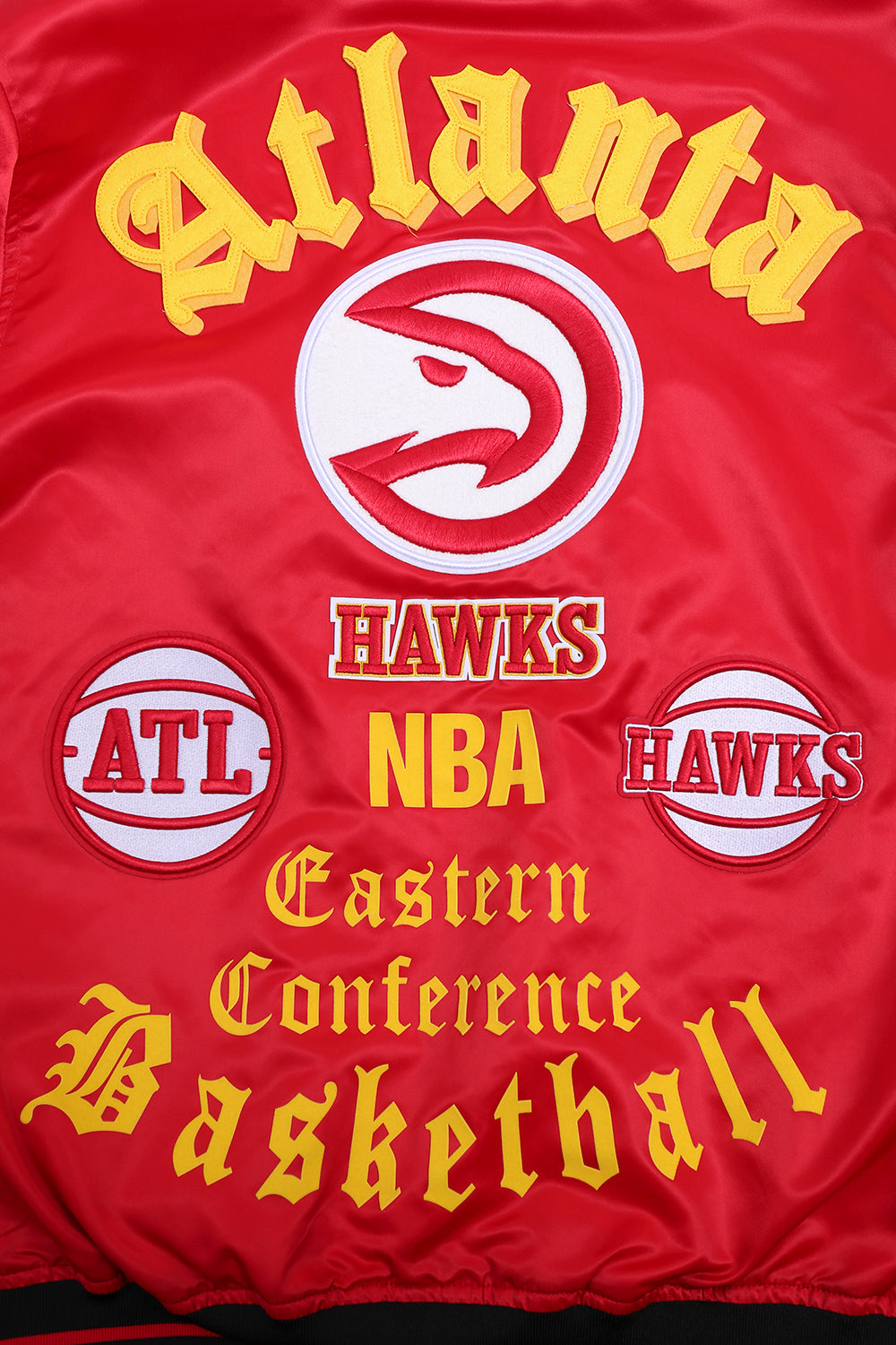 NBA ATLANTA HAWKS OLD ENGLISH MEN'S RIB SATIN JACKET (RED/BLACK)