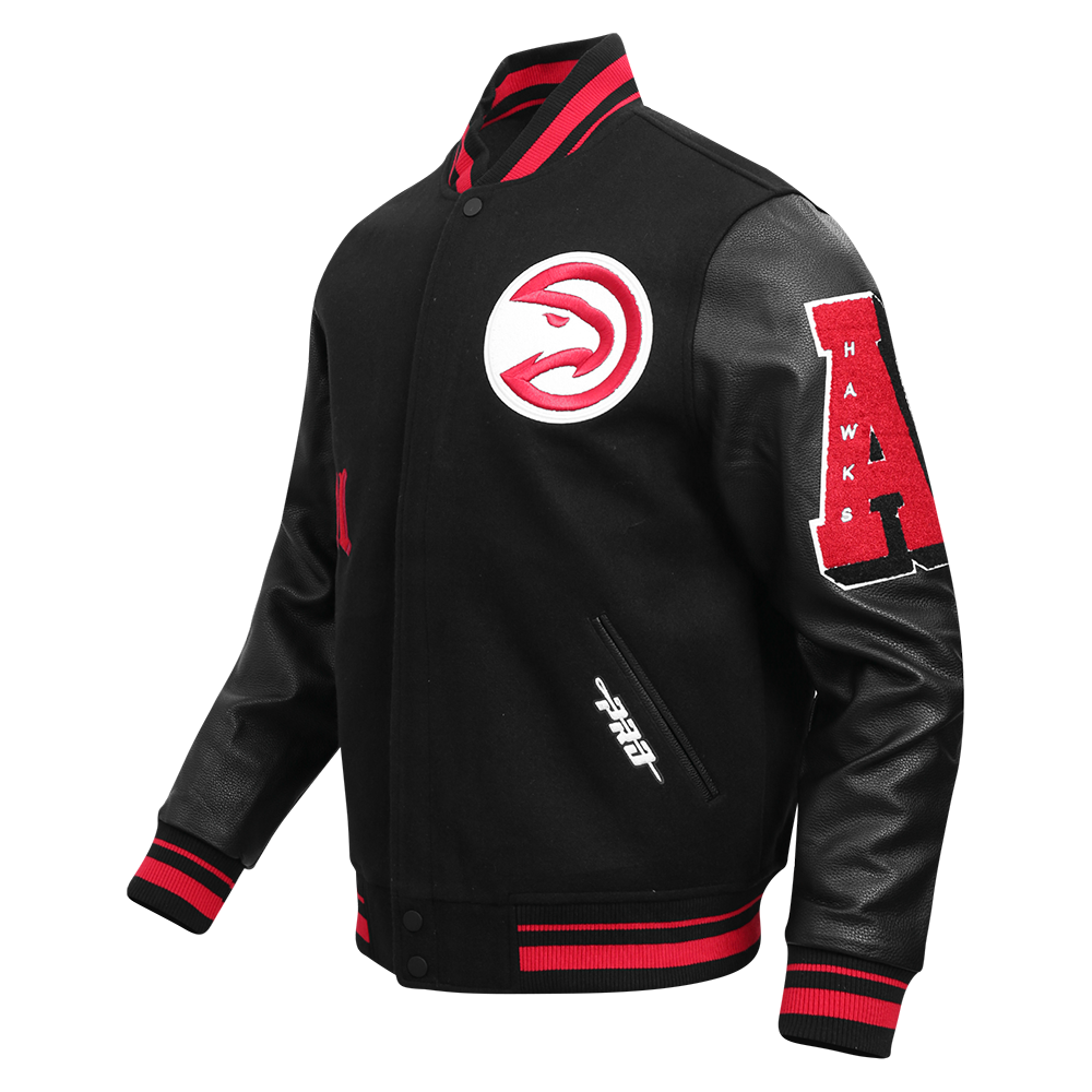NBA ATLANTA HAWKS OLD ENGLISH MEN'S RIB WOOL VARSITY JACKET (BLACK/RED/BLACK)