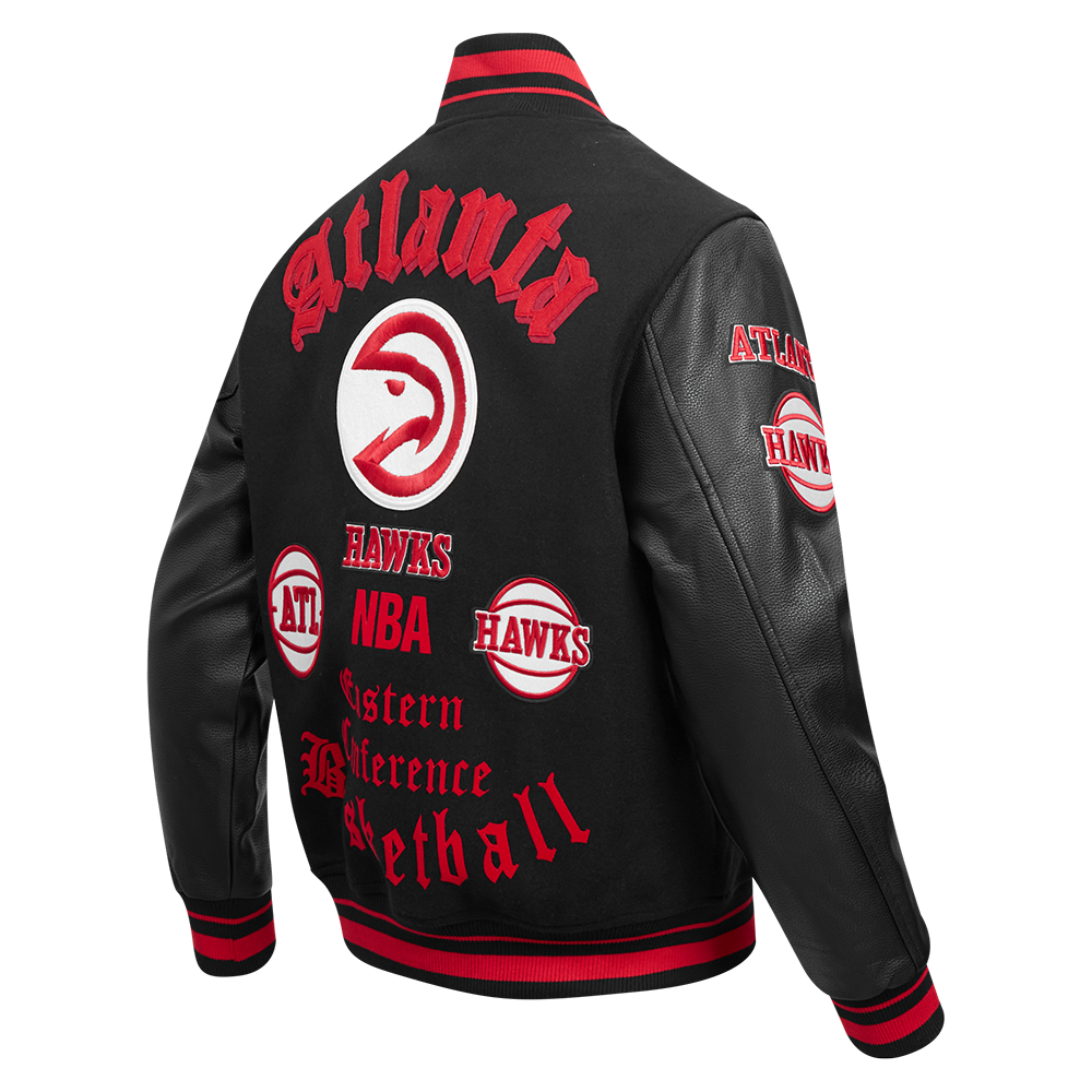 NBA ATLANTA HAWKS OLD ENGLISH MEN'S RIB WOOL VARSITY JACKET (BLACK/RED/BLACK)