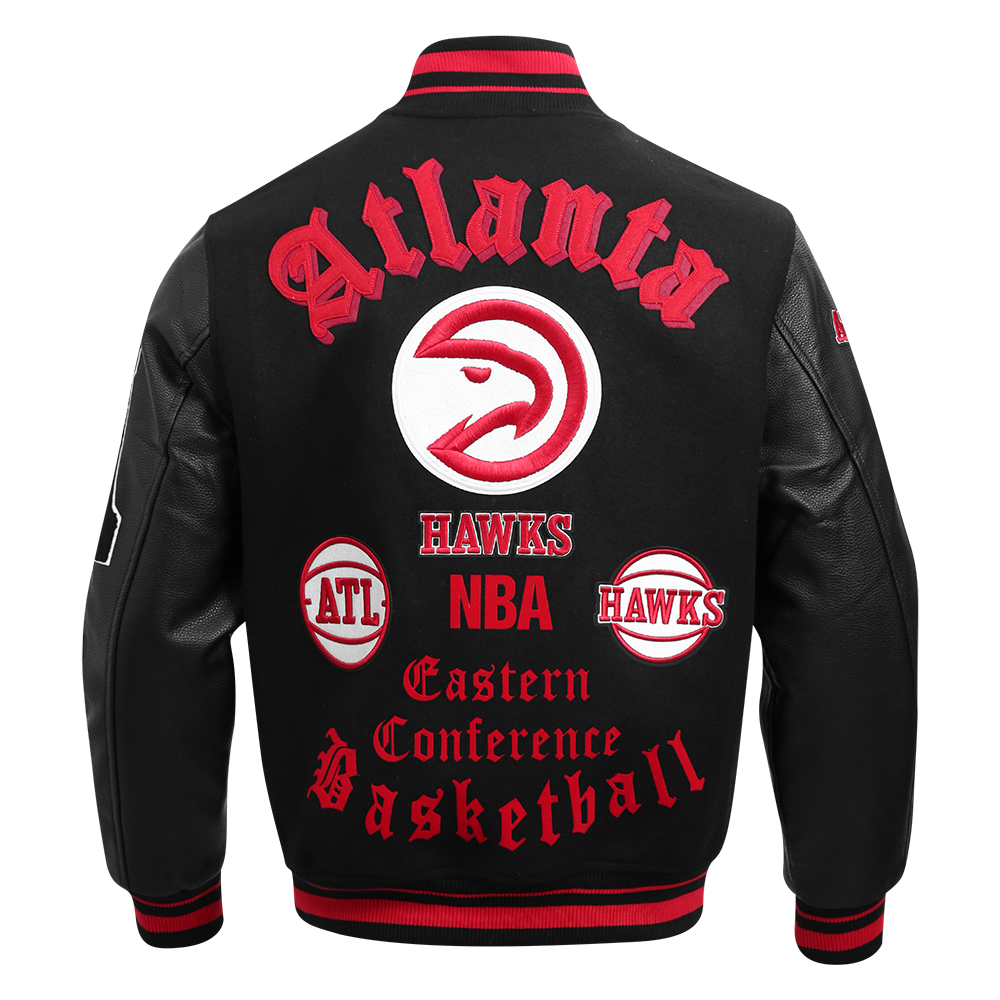 NBA ATLANTA HAWKS OLD ENGLISH MEN'S RIB WOOL VARSITY JACKET (BLACK/RED/BLACK)