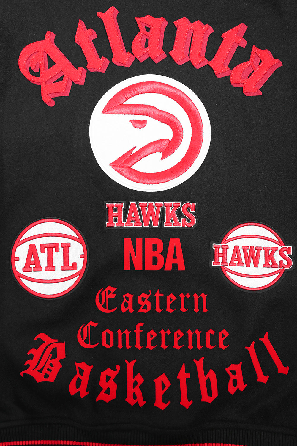 NBA ATLANTA HAWKS OLD ENGLISH MEN'S RIB WOOL VARSITY JACKET (BLACK/RED/BLACK)