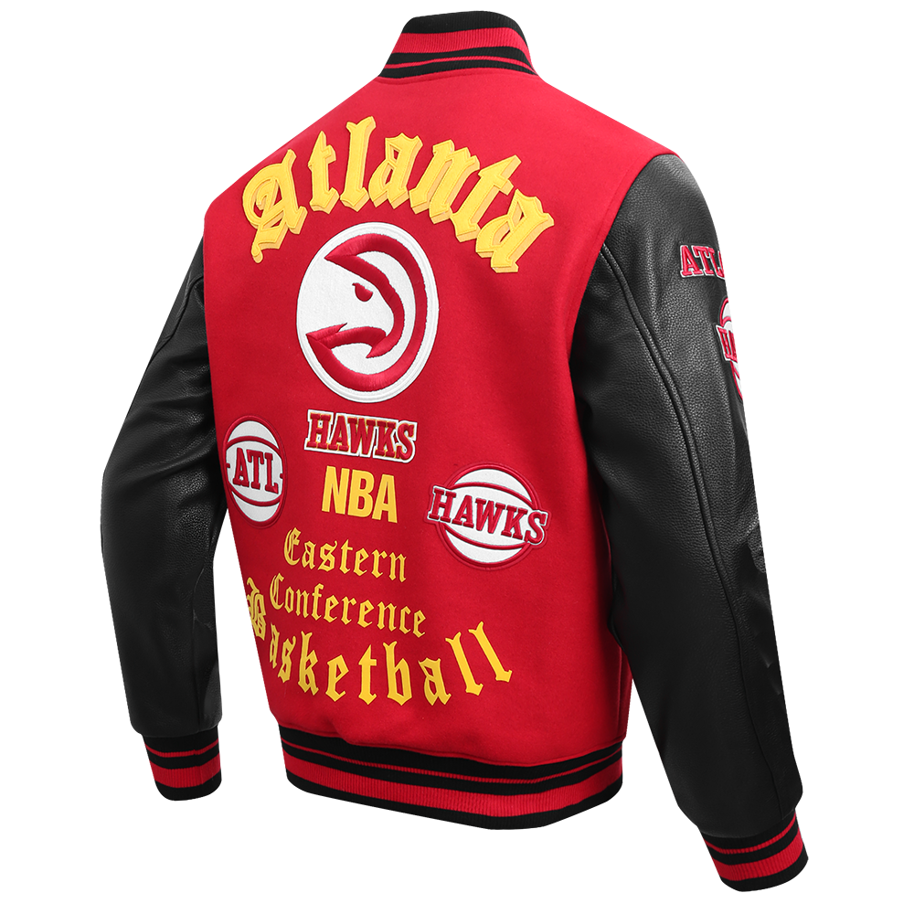 NBA ATLANTA HAWKS OLD ENGLISH MEN'S RIB WOOL VARSITY JACKET (RED/BLACK)