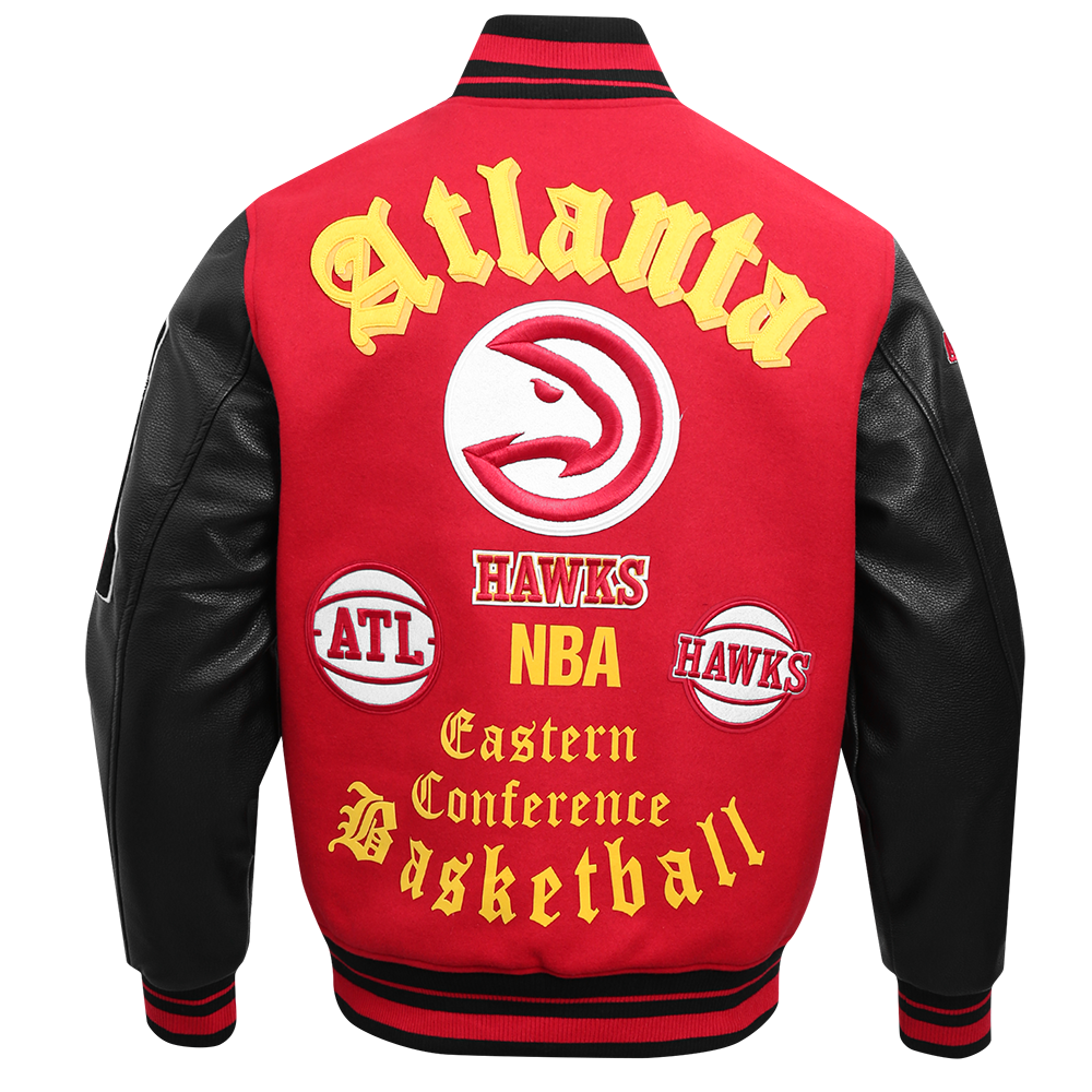 NBA ATLANTA HAWKS OLD ENGLISH MEN'S RIB WOOL VARSITY JACKET (RED/BLACK)