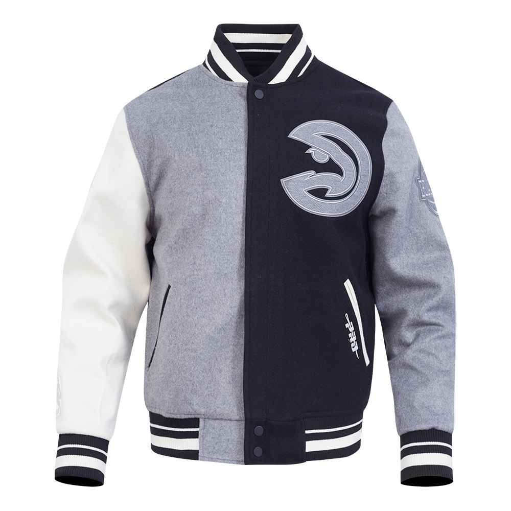 NBA ATLANTA HAWKS REVERSE FRENCH TERRY MEN'S CB WOOL VARSITY JACKET (BLACK/GRAY/EGGSHELL)