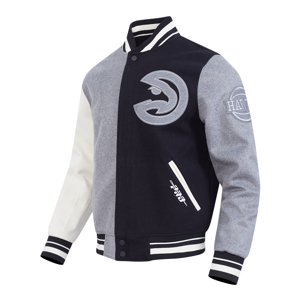NBA ATLANTA HAWKS REVERSE FRENCH TERRY MEN'S CB WOOL VARSITY JACKET (BLACK/GRAY/EGGSHELL)