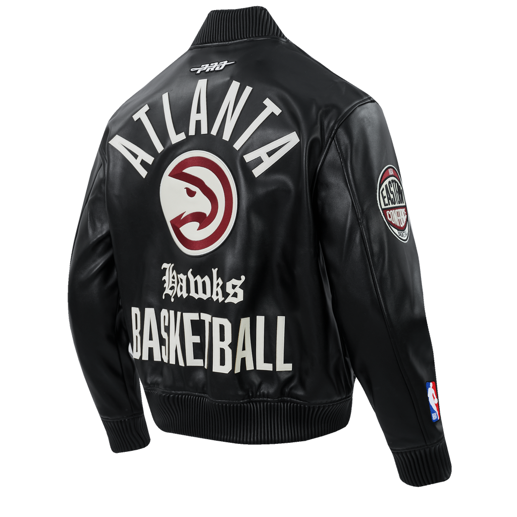 NBA ATLANTA HAWKS MODERN ORIGINALS MEN'S LEATHER VARSITY JACKET (JET BLACK)