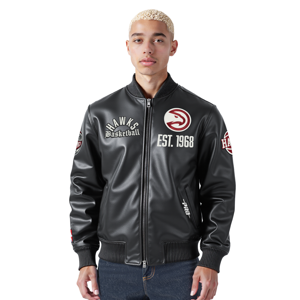 NBA ATLANTA HAWKS MODERN ORIGINALS MEN'S LEATHER VARSITY JACKET (JET BLACK)
