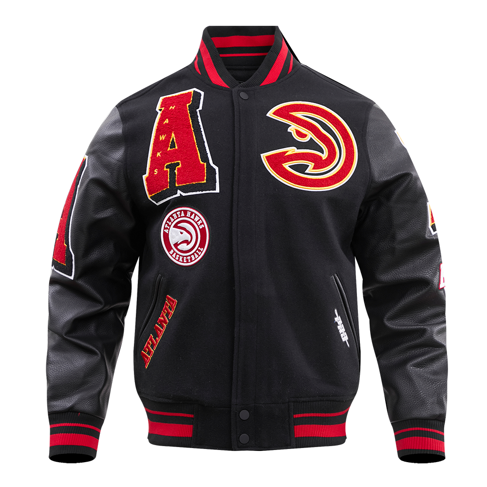 NBA ATLANTA HAWKS MASH UP BLOUSON COLLÉGIAL EN LAINE À BORDS CÔTELÉS POUR HOMME (NOIR/ROUGE/NOIR)