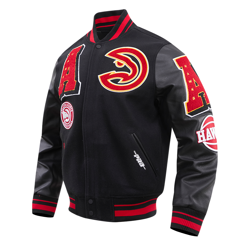 NBA ATLANTA HAWKS MASH UP MEN'S RIB WOOL VARSITY JACKET (BLACK/RED/BLACK)