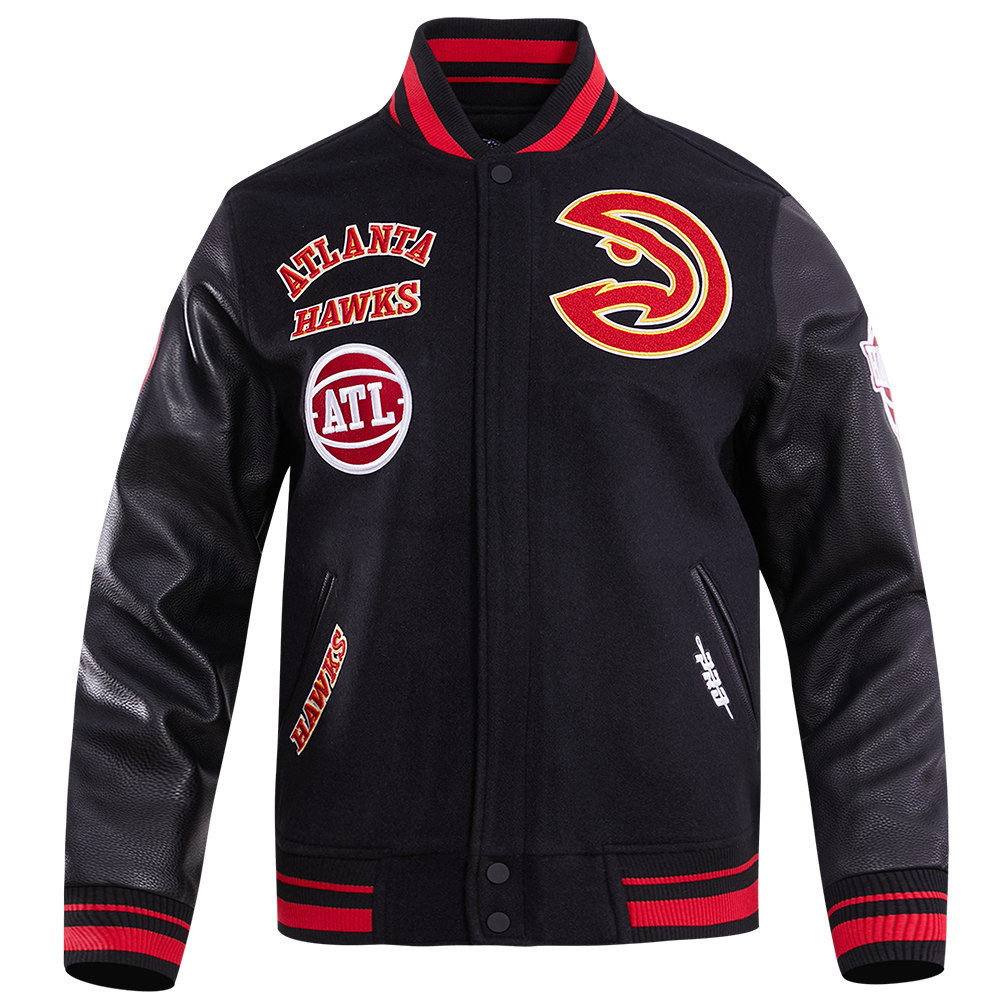 NBA ATLANTA HAWKS RETRO CLASSIC BLOUSON COLLÉGIAL EN LAINE À BORDS CÔTELÉS POUR HOMME (NOIR/ROUGE/NOIR)