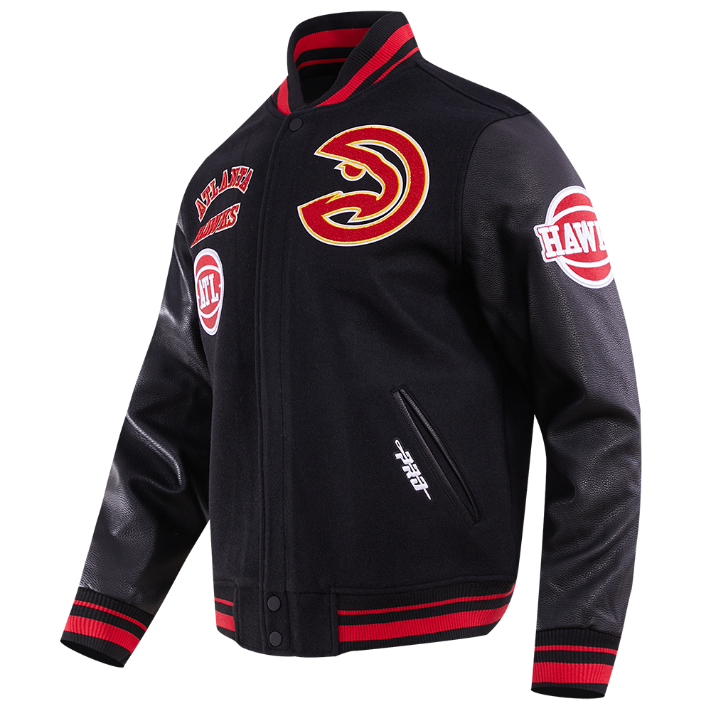 NBA ATLANTA HAWKS RETRO CLASSIC MEN'S RIB WOOL VARSITY JACKET (BLACK/RED/BLACK)