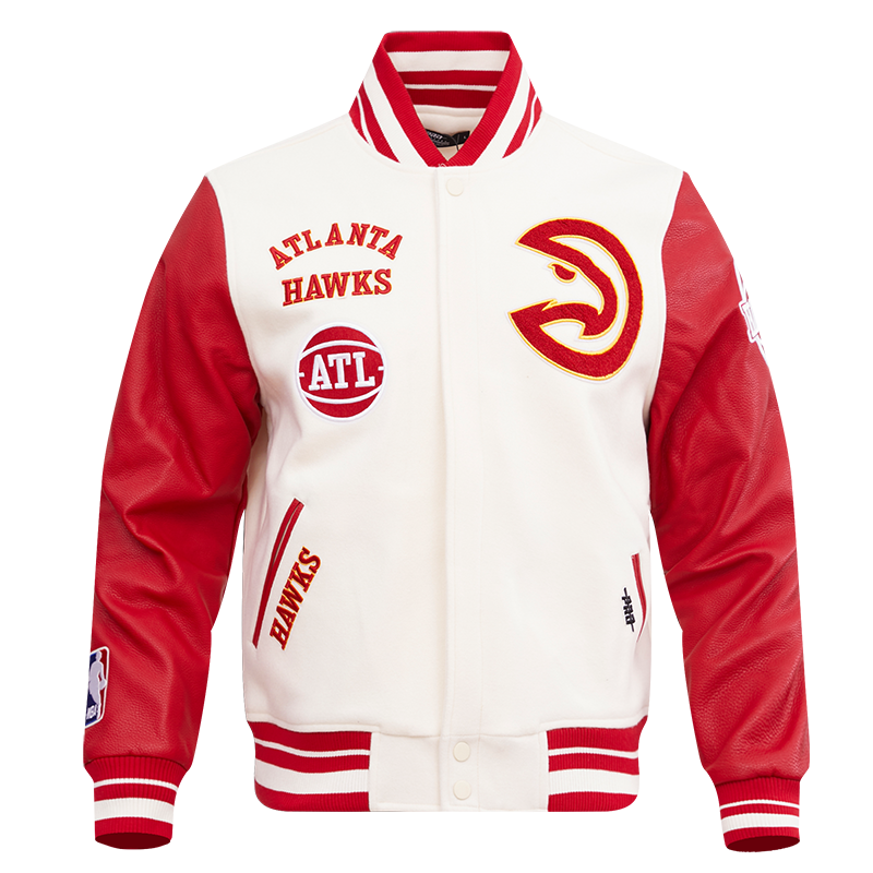 NBA ATLANTA HAWKS RETRO CLASSIC MEN'S RIB WOOL VARSITY JACKET (EGGSHELL/ RED)