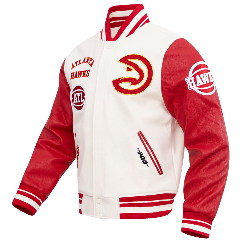 NBA ATLANTA HAWKS RETRO CLASSIC MEN'S RIB WOOL VARSITY JACKET (EGGSHELL/ RED)