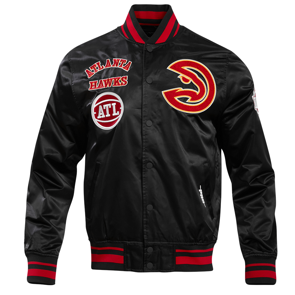 NBA ATLANTA HAWKS RETRO CLASSIC BLOUSON EN SATIN À BORDS CÔTELÉS POUR HOMME (NOIR/ROUGE/NOIR)