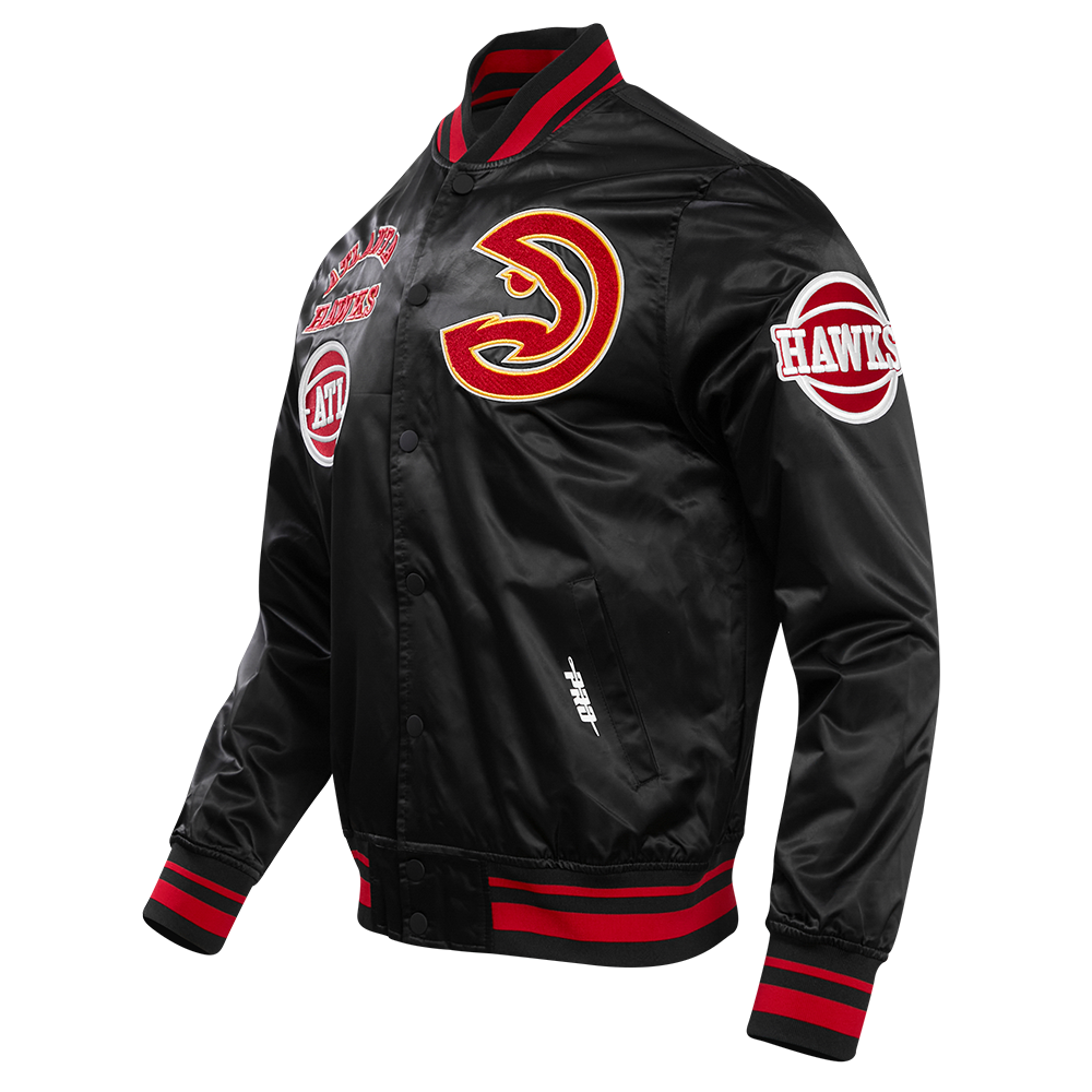 NBA ATLANTA HAWKS RETRO CLASSIC BLOUSON EN SATIN À BORDS CÔTELÉS POUR HOMME (NOIR/ROUGE/NOIR)