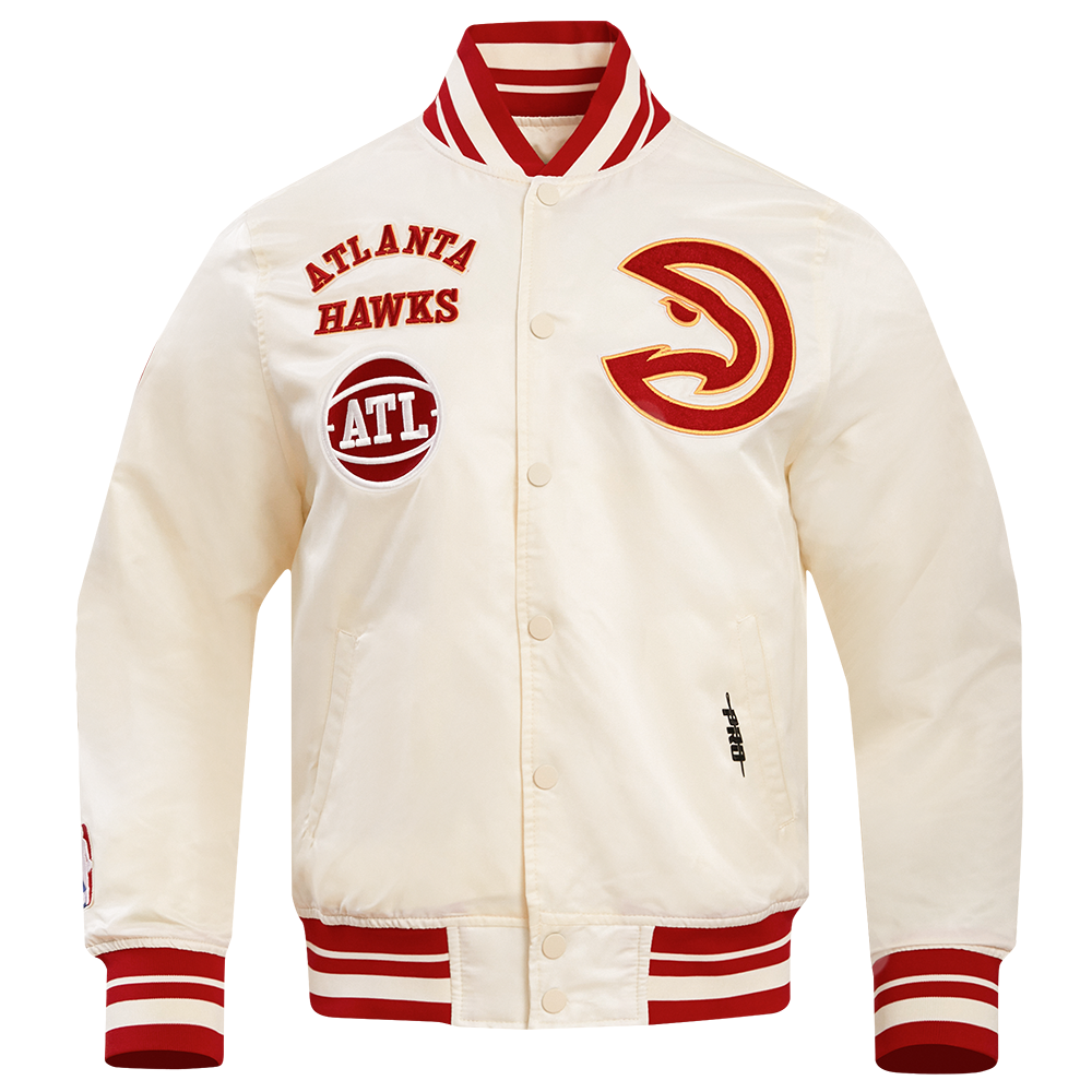 NBA ATLANTA HAWKS RETRO CLASSIC BLOUSON EN SATIN À BORDS CÔTELÉS POUR HOMME (COQUILLE D'ŒUF/ROUGE)