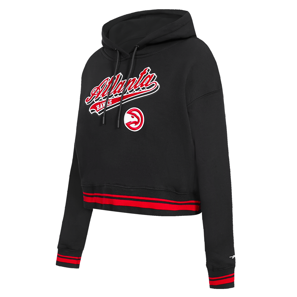 NBA ATLANTA HAWKS SCRIPT TAIL WOMEN'S RIB FLEECE CROPPED PULLOVER HOODIE (BLACK/RED/BLACK)