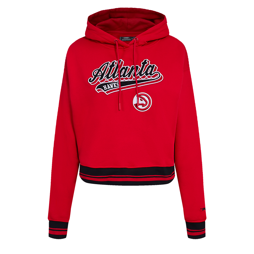 NBA ATLANTA HAWKS SCRIPT TAIL WOMEN'S RIB FLEECE CROPPED PULLOVER HOODIE (RED/BLACK)