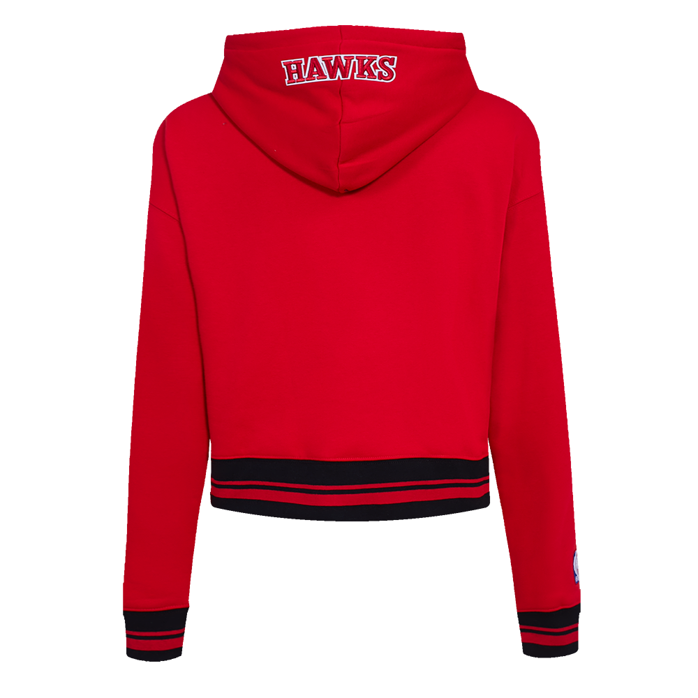 NBA ATLANTA HAWKS SCRIPT TAIL WOMEN'S RIB FLEECE CROPPED PULLOVER HOODIE (RED/BLACK)