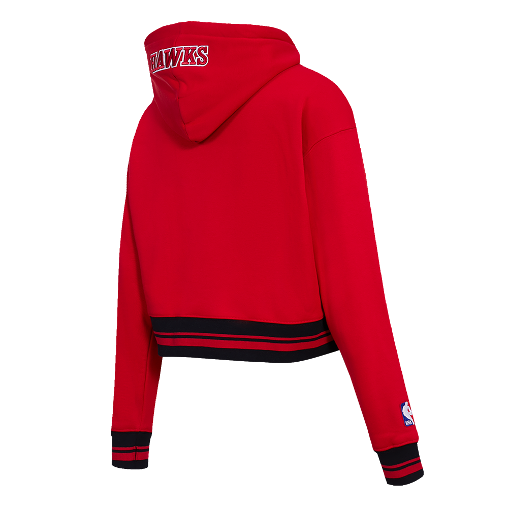 NBA ATLANTA HAWKS SCRIPT TAIL WOMEN'S RIB FLEECE CROPPED PULLOVER HOODIE (RED/BLACK)