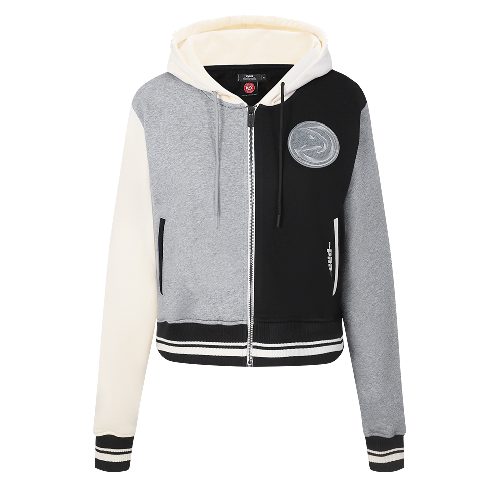 NBA ATLANTA HAWKS REVERSE FRENCH TERRY CHANDAIL À CAPUCHON À GLISSIÈRE PLEINE LONGUEUR EN MOLLETON À BLOCS DE COULEUR POUR FEMME (NOIR/GRIS/COQUILLE D'ŒUF)