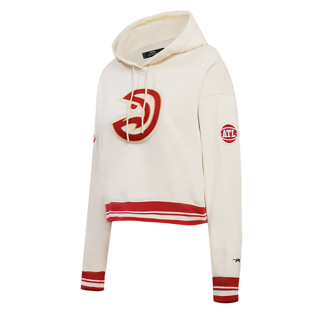 NBA ATLANTA HAWKS RETRO CLASSIC WOMEN'S RIB CROPPED PULLOVER HOODIE (EGGSHELL/RED)