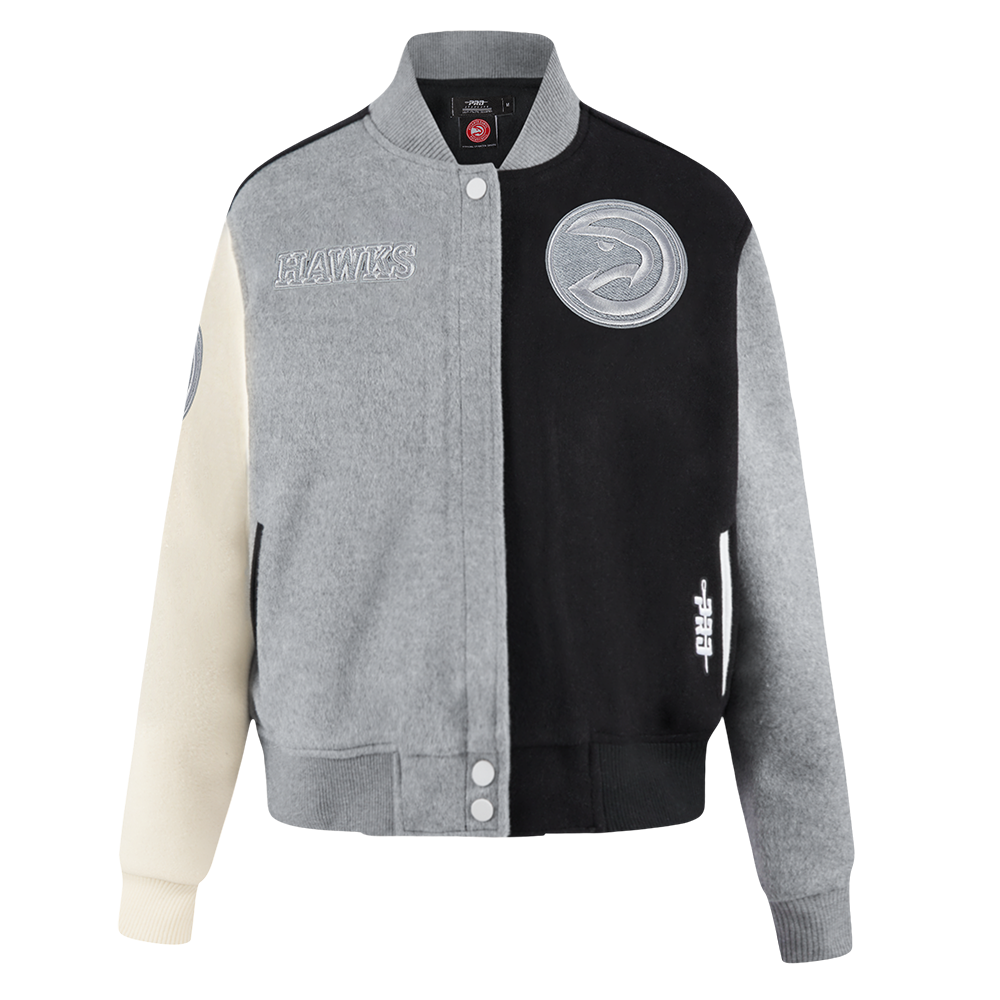 NBA ATLANTA HAWKS REVERSE FRENCH TERRY BLOUSON COLLÉGIAL EN LAINE POUR FEMME (NOIR/GRIS/COQUILLE D'ŒUF)