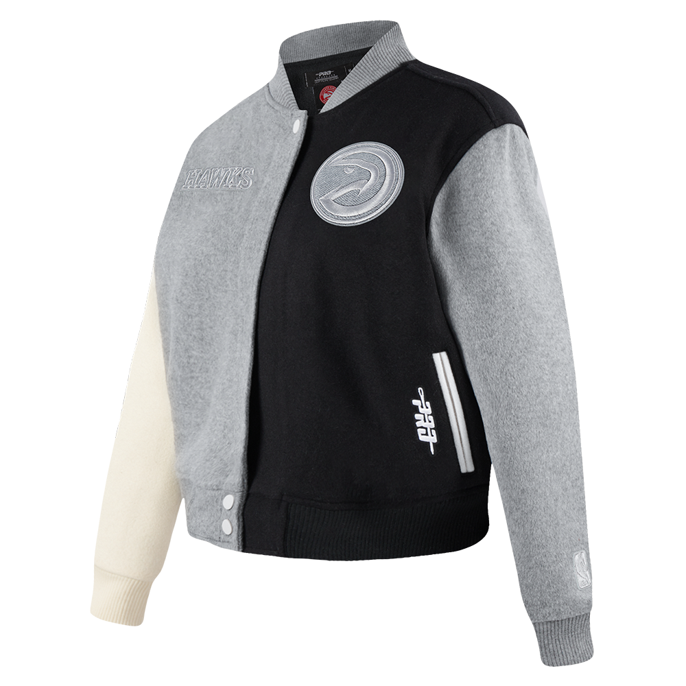 NBA ATLANTA HAWKS REVERSE FRENCH TERRY BLOUSON COLLÉGIAL EN LAINE POUR FEMME (NOIR/GRIS/COQUILLE D'ŒUF)