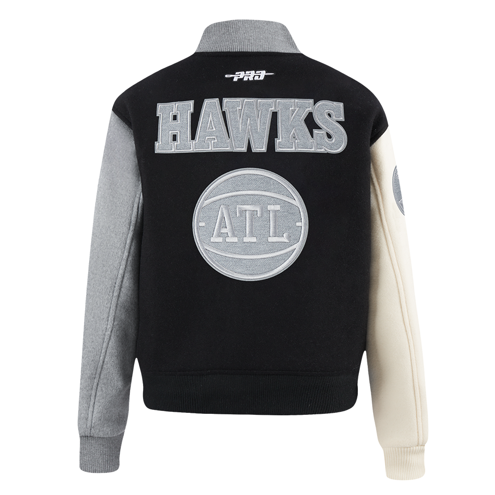 NBA ATLANTA HAWKS REVERSE FRENCH TERRY BLOUSON COLLÉGIAL EN LAINE POUR FEMME (NOIR/GRIS/COQUILLE D'ŒUF)