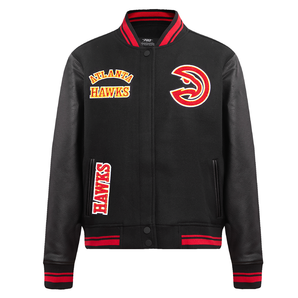 NBA ATLANTA HAWKS RETRO CLASSIC BLOUSON COLLÉGIAL EN LAINE À BORDS CÔTELÉS POUR FEMME (NOIR/ROUGE/NOIR)