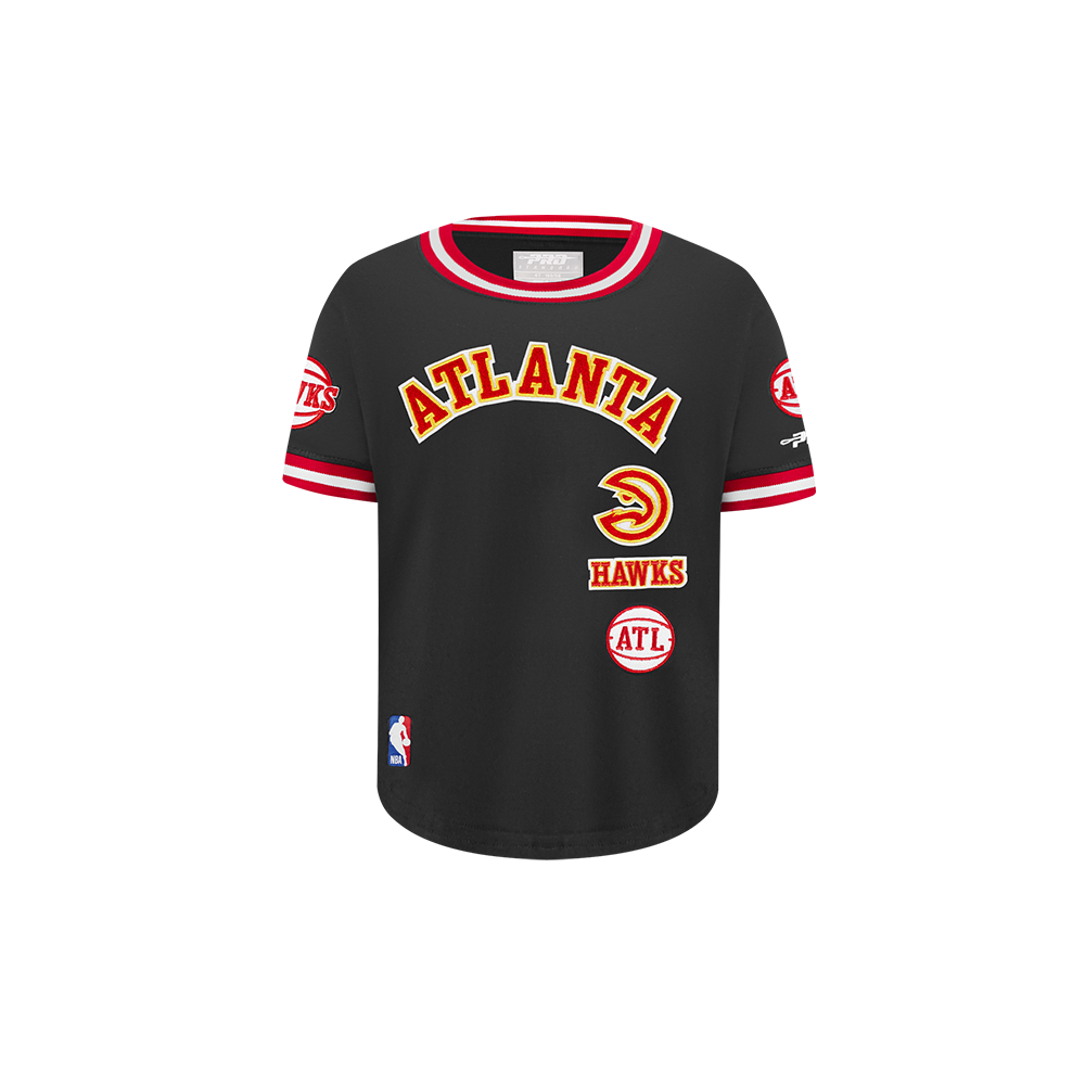 NBA ATLANTA HAWKS RETRO CLASSIC T-SHIRT CÔTELÉ RAYÉ À MANCHES COURTES POUR GARÇON BAMBIN (NOIR/ROUGE)