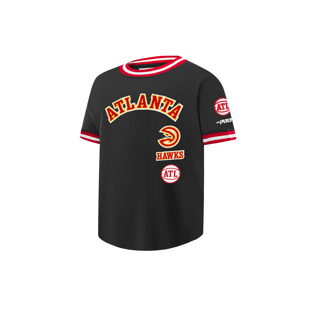 NBA ATLANTA HAWKS RETRO CLASSIC T-SHIRT CÔTELÉ RAYÉ À MANCHES COURTES POUR GARÇON BAMBIN (NOIR/ROUGE)