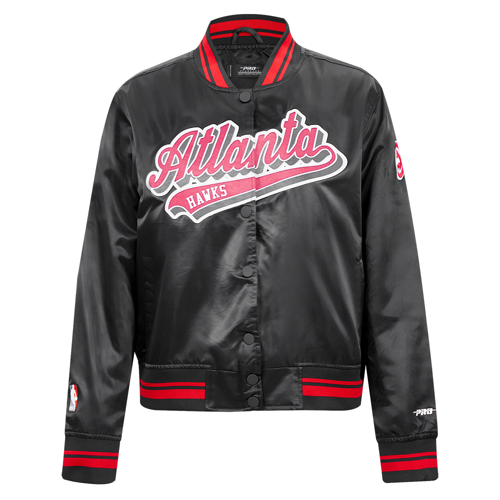 NBA ATLANTA HAWKS SCRIPT TAIL WOMEN'S SATIN JACKET (BLACK/RED/BLACK)